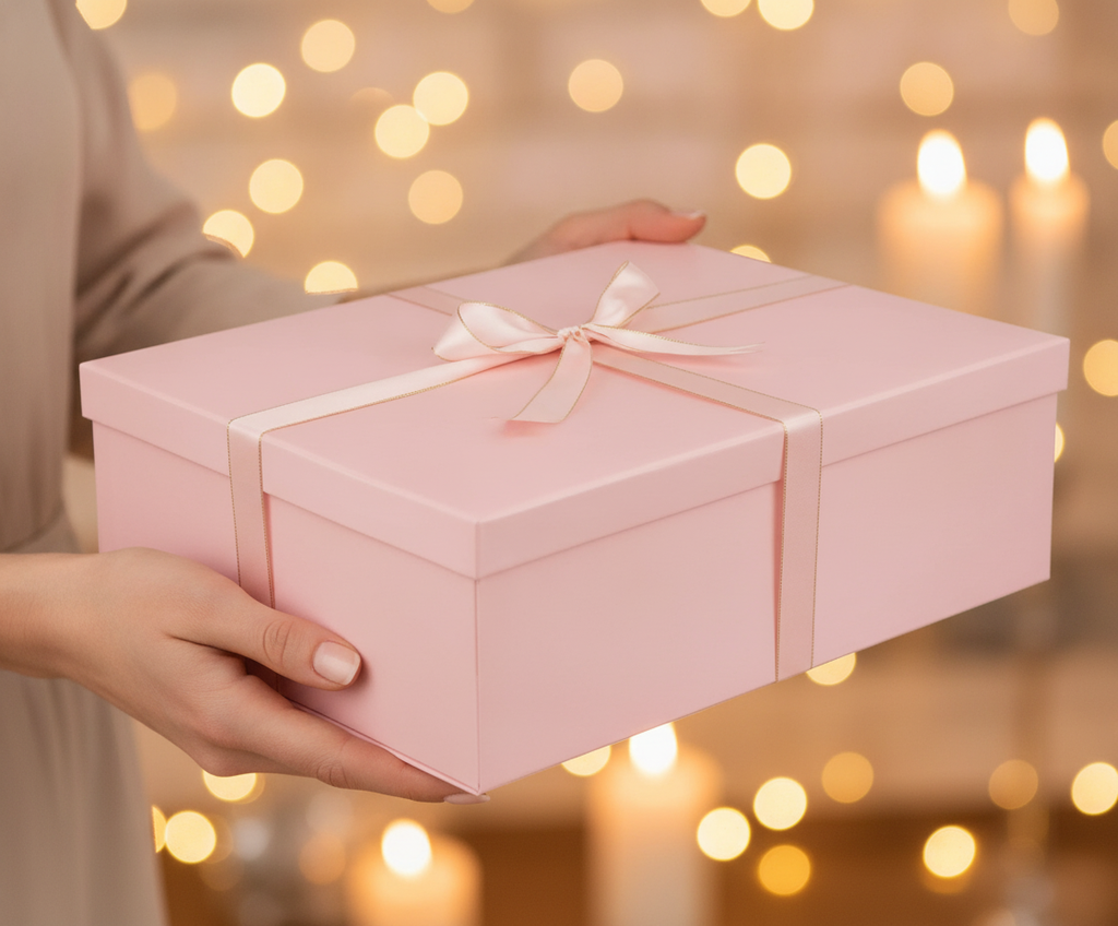 Hands presenting the blush-pink gift box with ribbon at a celebration
