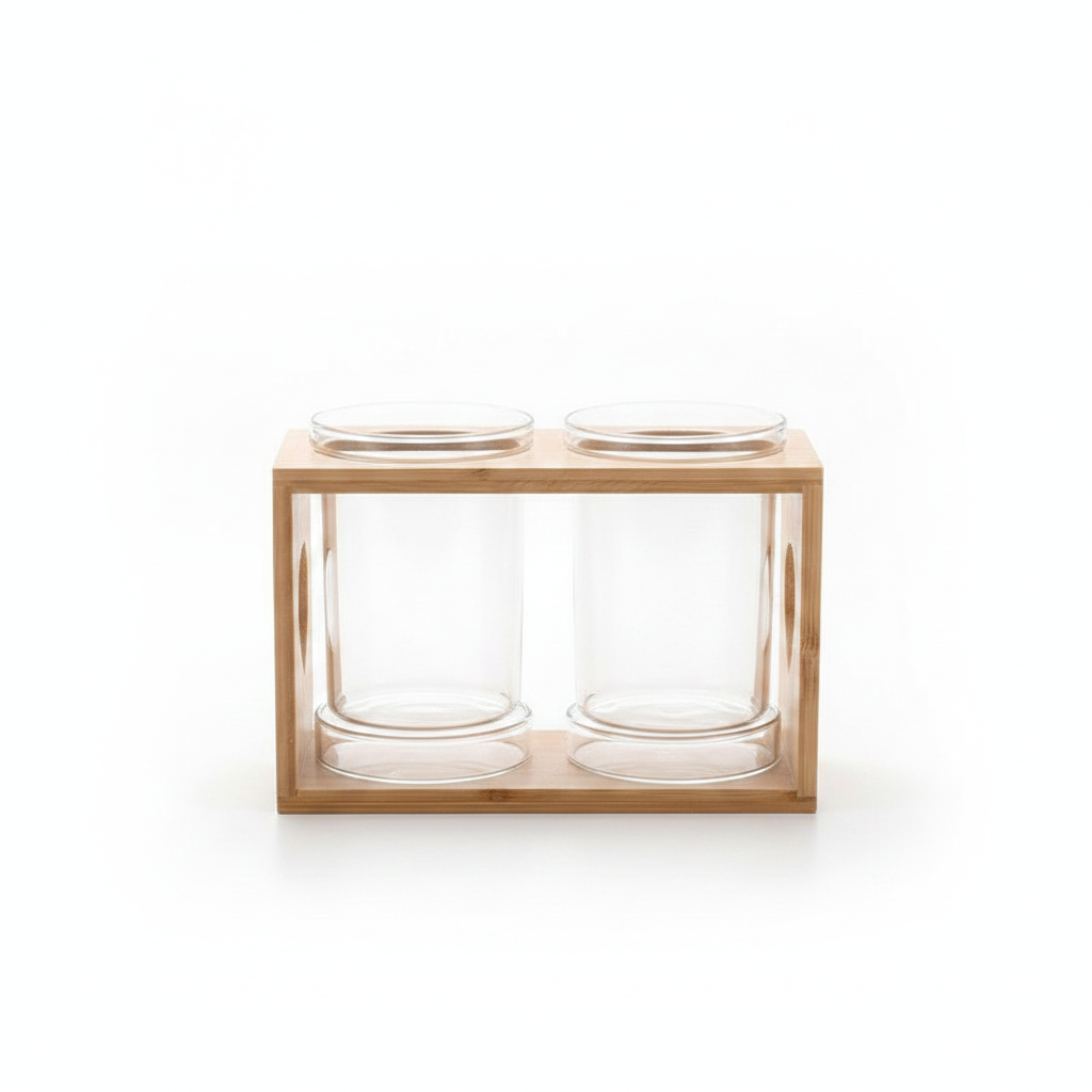 Japanese minimalist chopstick holder with two clear glass cups in a natural wood frame on white background