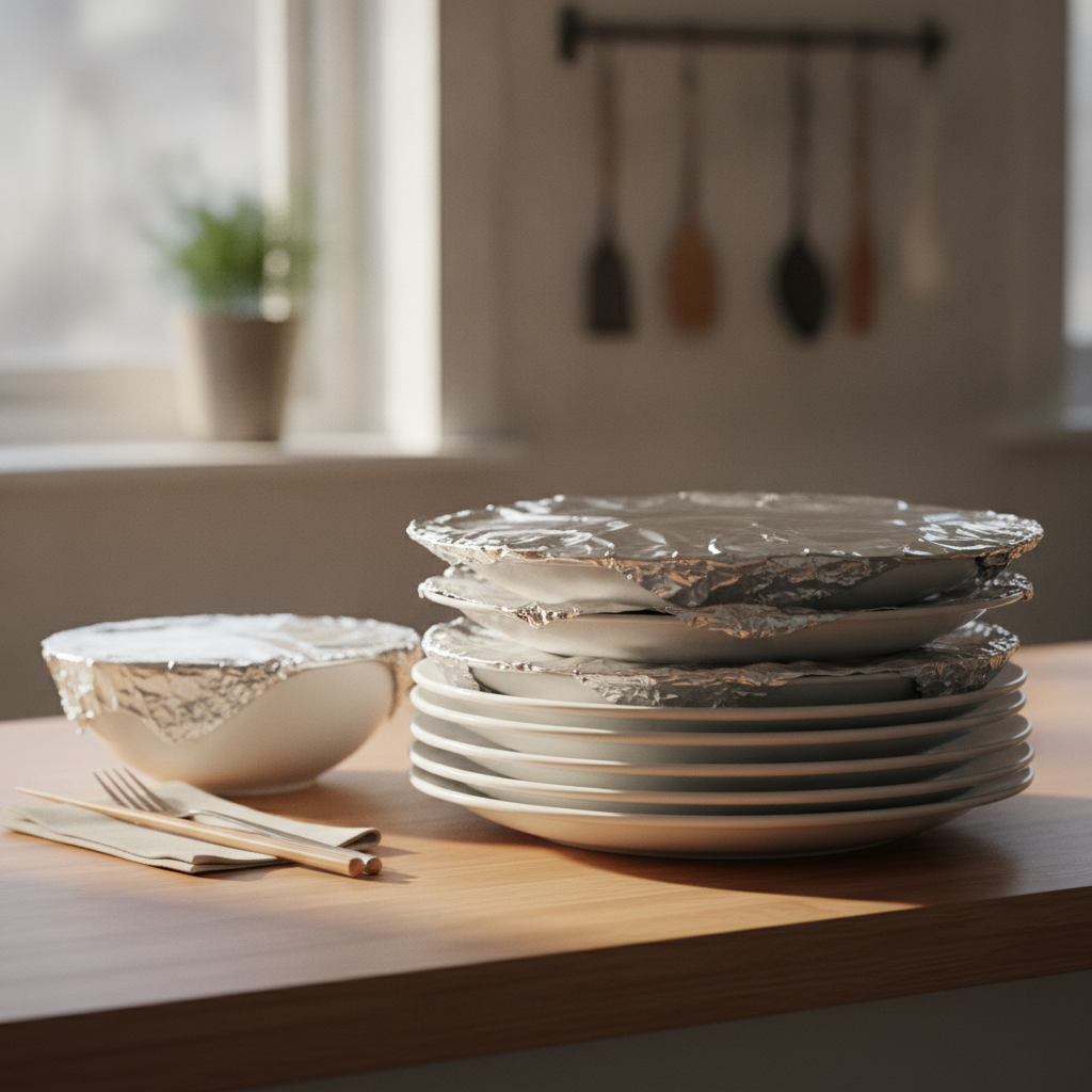 Stack of plated dishes topped with foil covers ready to serve