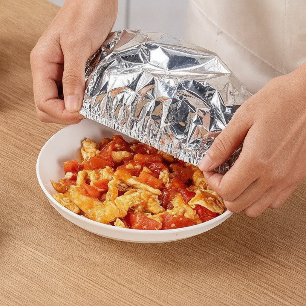 Hand pressing a disposable foil cover over a plate of warm food