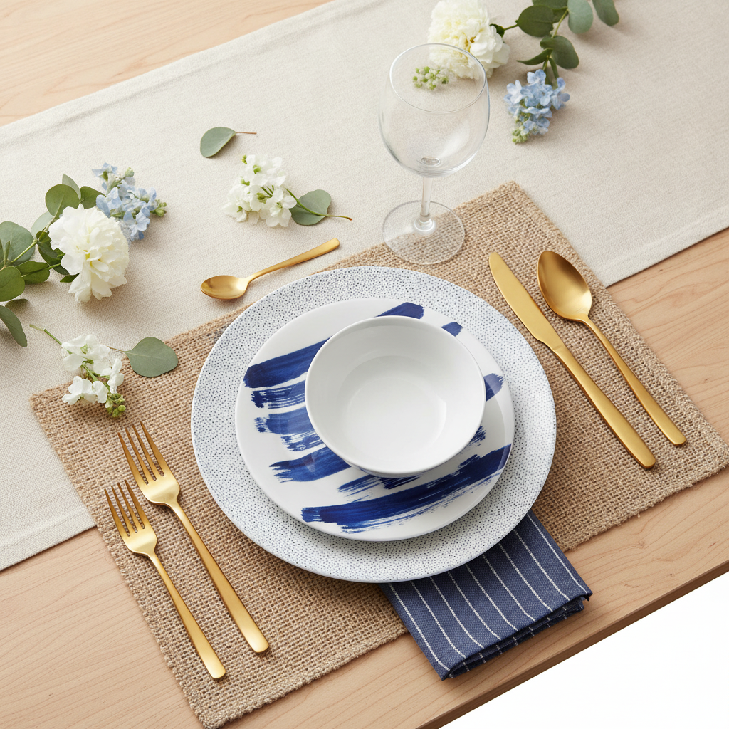 Pacific mixed-pattern blue-and-white ceramic accent plates styled tablescape