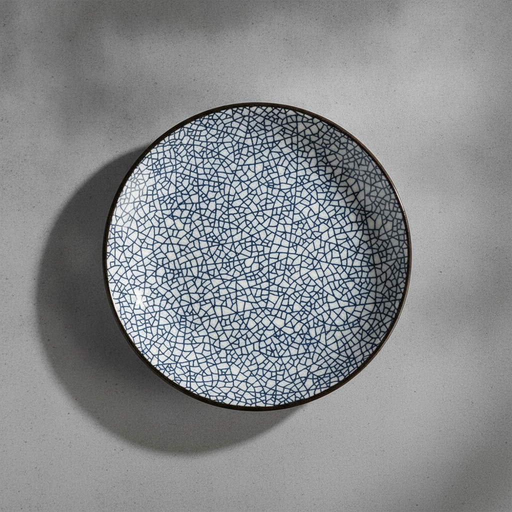 Japanese ceramic plate with indigo crackle web underglaze pattern