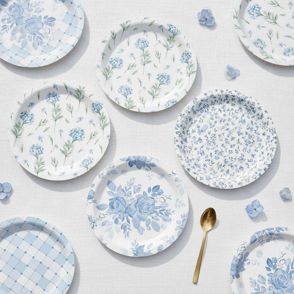 Overhead flat-lay of blue and white floral paper plates fanned to show vintage designs