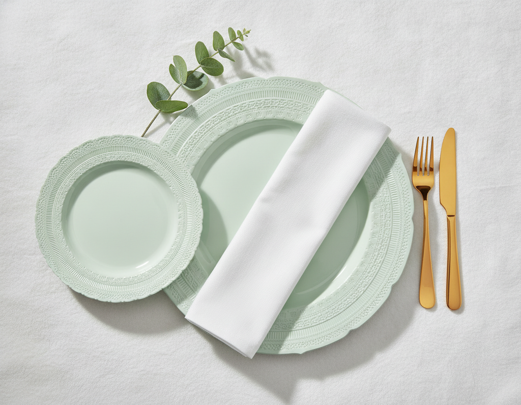 Overhead flat-lay of mint vintage scalloped plastic plates with napkin and gold cutlery
