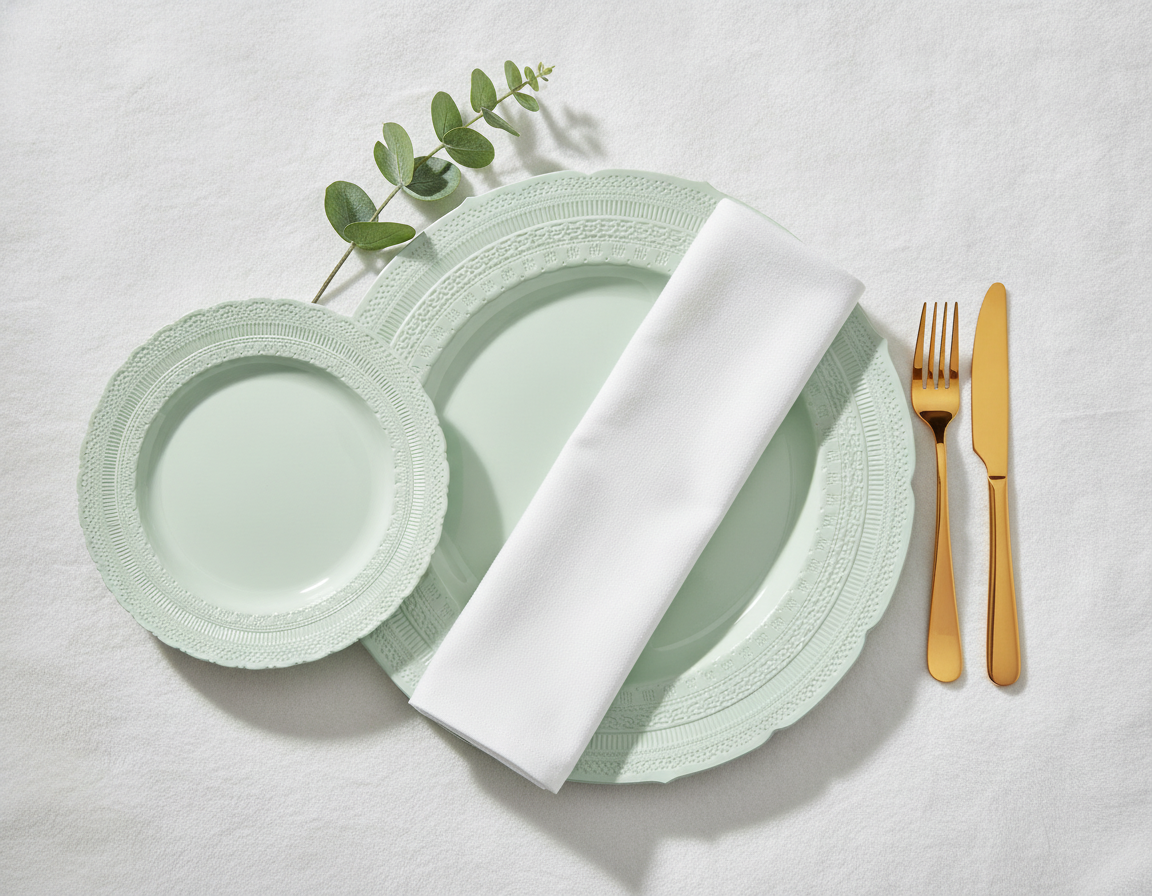 Overhead flat-lay of mint vintage scalloped plastic plates with napkin and gold cutlery