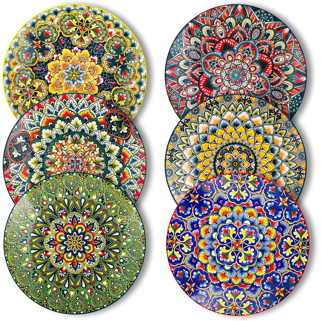 Complete set of six ceramic plates showing the six distinct original mandala designs