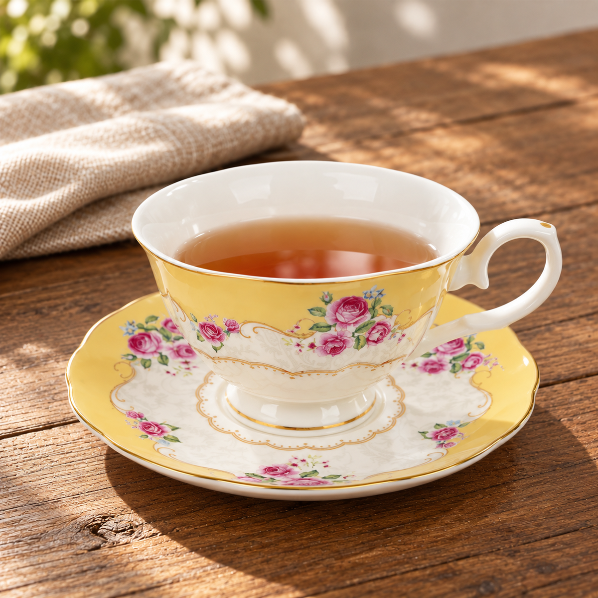Yellow floral porcelain teacup with tea and matching saucer