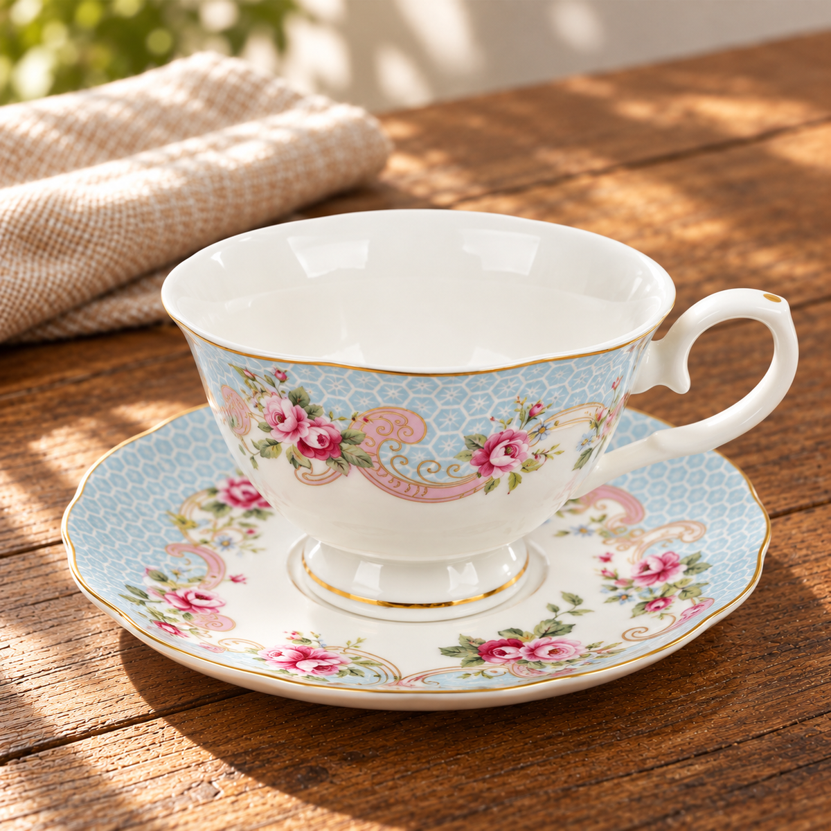 Blue floral porcelain teacup and saucer showing the lattice pattern