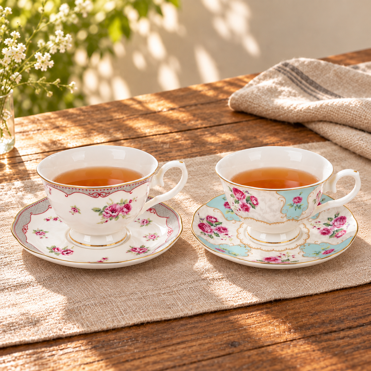 Grey and aqua floral porcelain cups and saucers set for tea for two