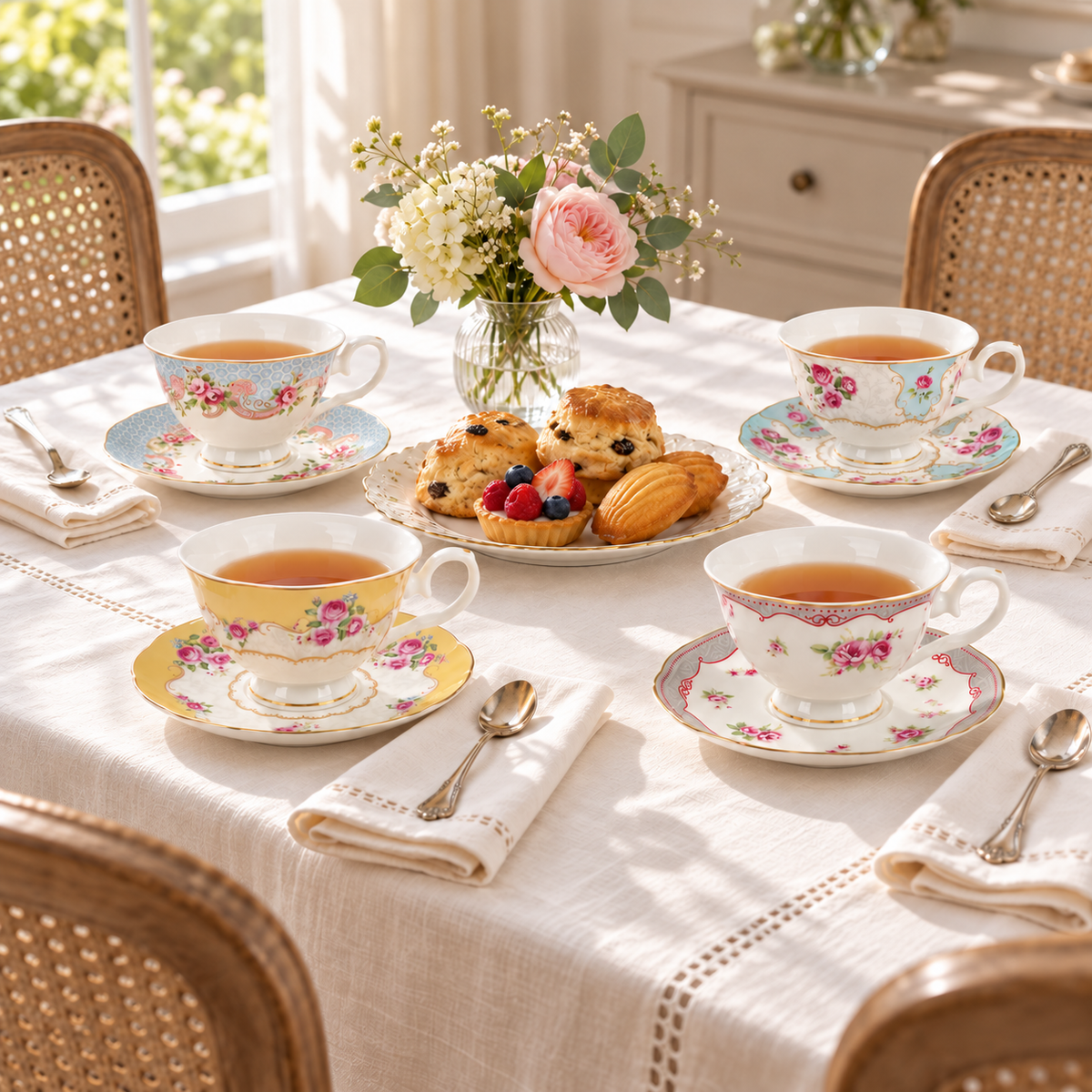 Four floral porcelain teacups and saucers on a naturally styled tea table