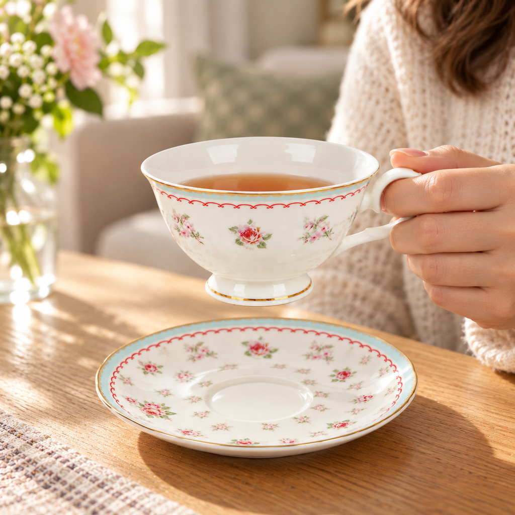 Floral porcelain teacup held in one hand to show its scale