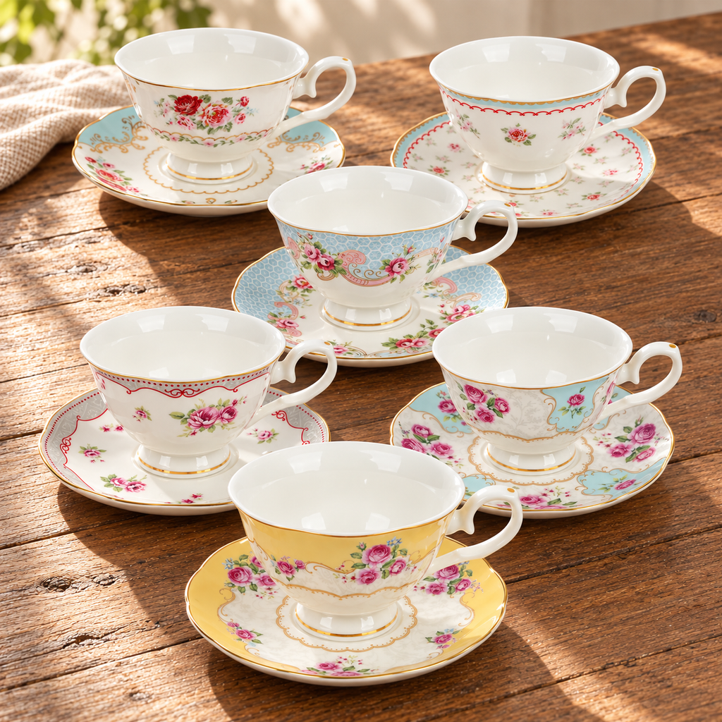 Six floral porcelain teacups with matching saucers in six colors