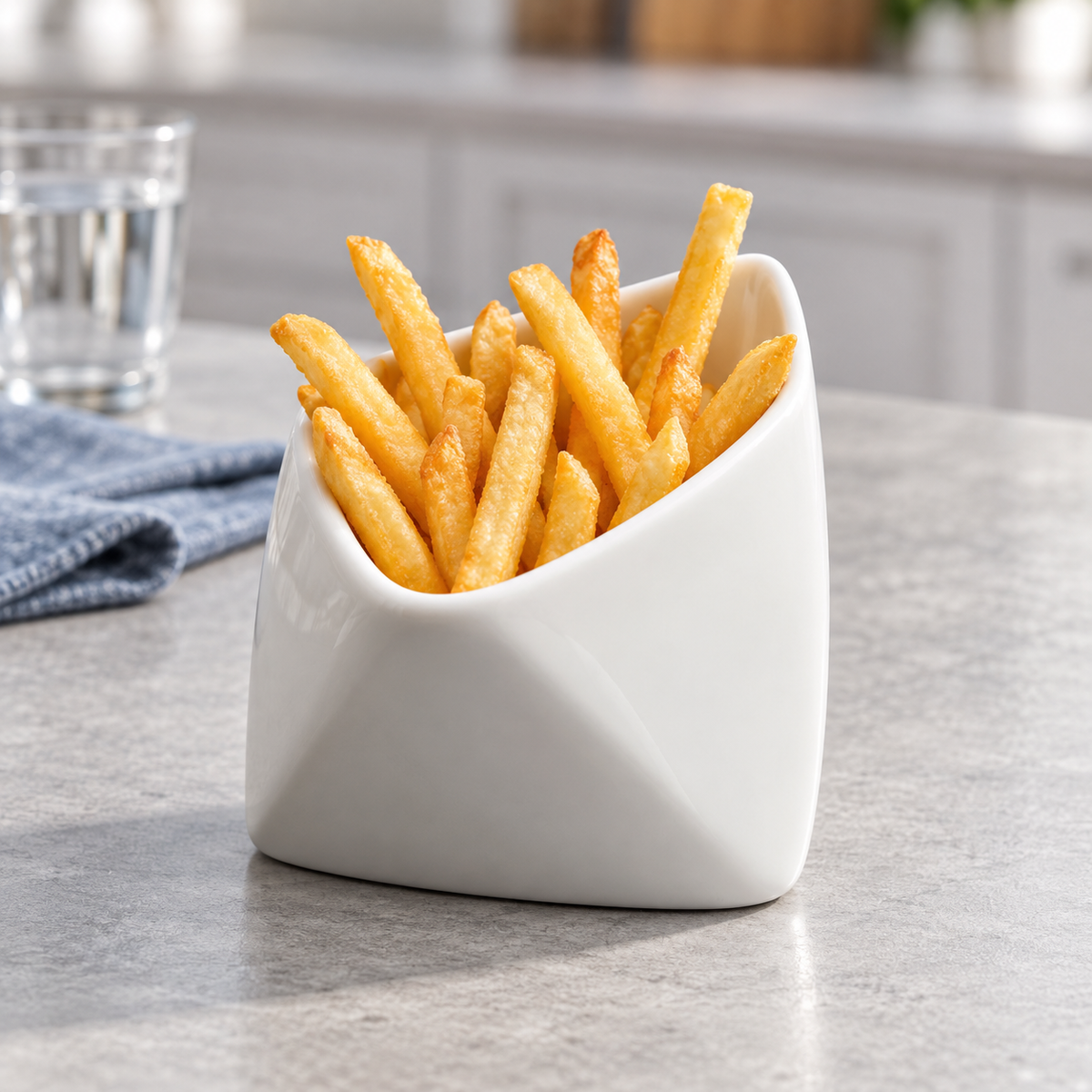 Folded-edge porcelain snack bowl filled with fries on a kitchen counter