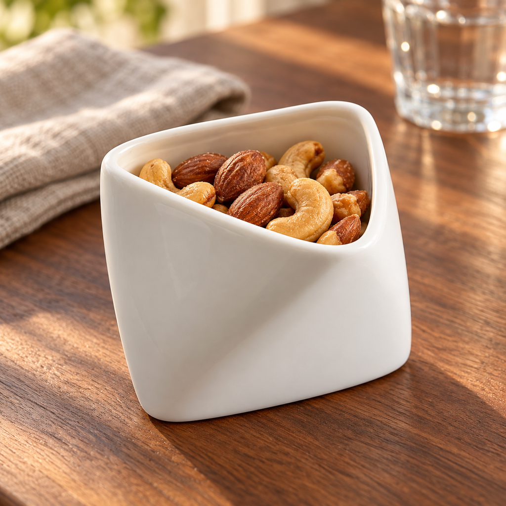 Folded-edge porcelain snack bowl with roasted nuts on a walnut table