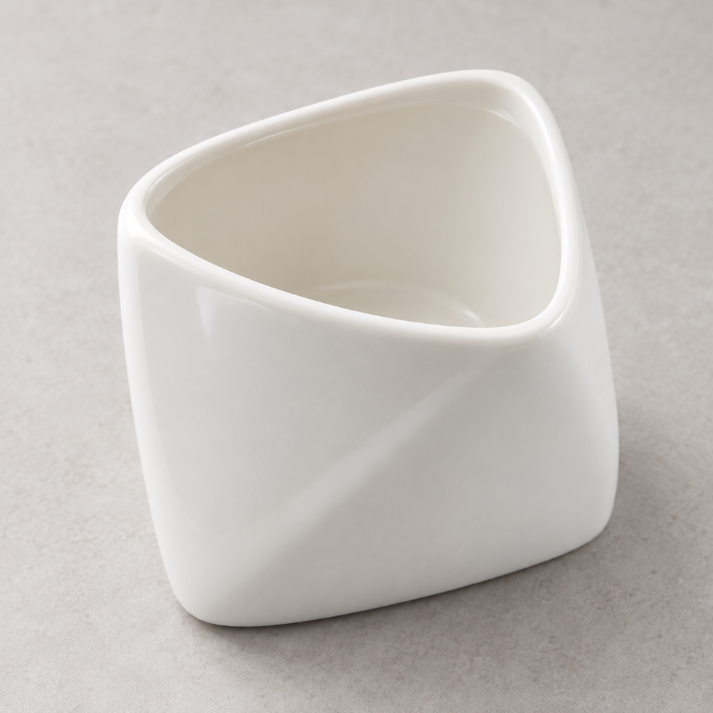 Elevated detail of the rounded triangular opening and folded porcelain exterior