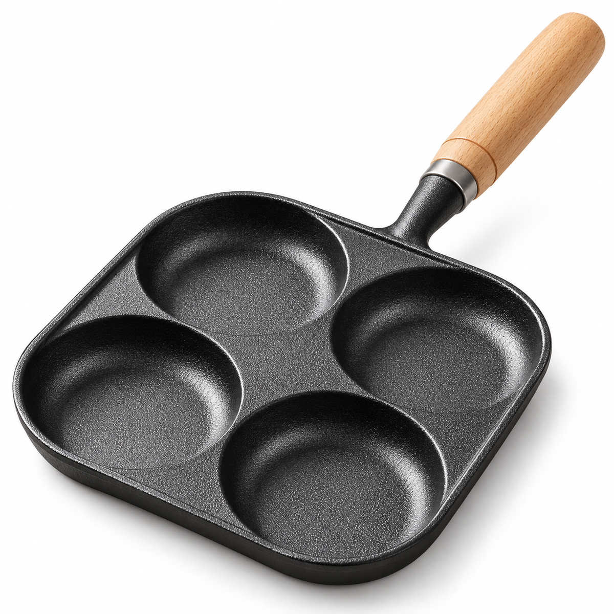 Four-well cast iron frying pan with wooden handle on a pure white background