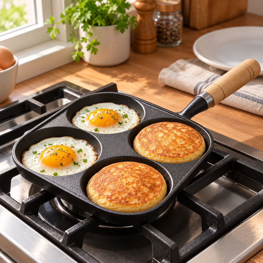 Four-well frying pan with eggs and pancakes on a kitchen hob