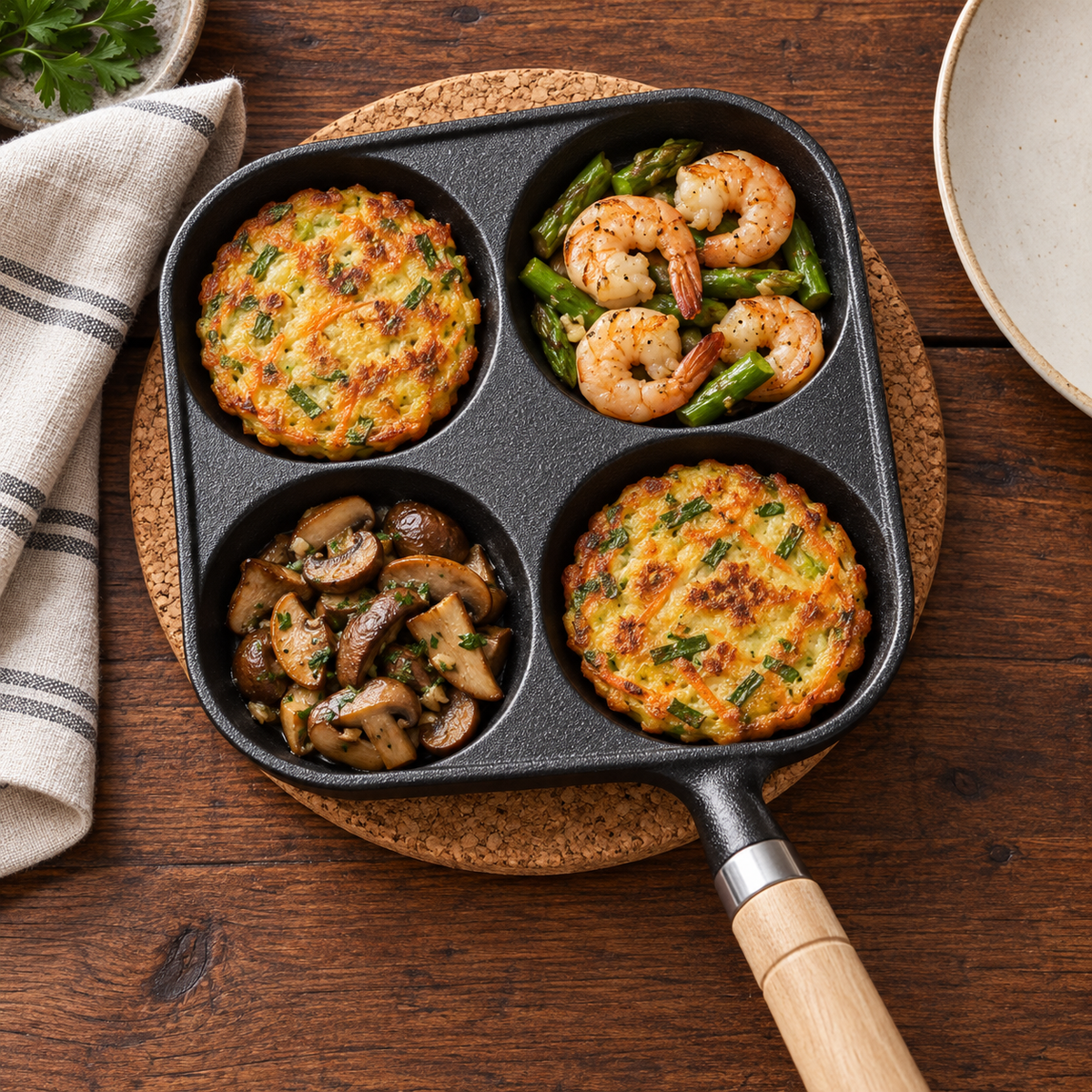Four-well frying pan with savory pancakes, shrimp and vegetables, overhead view