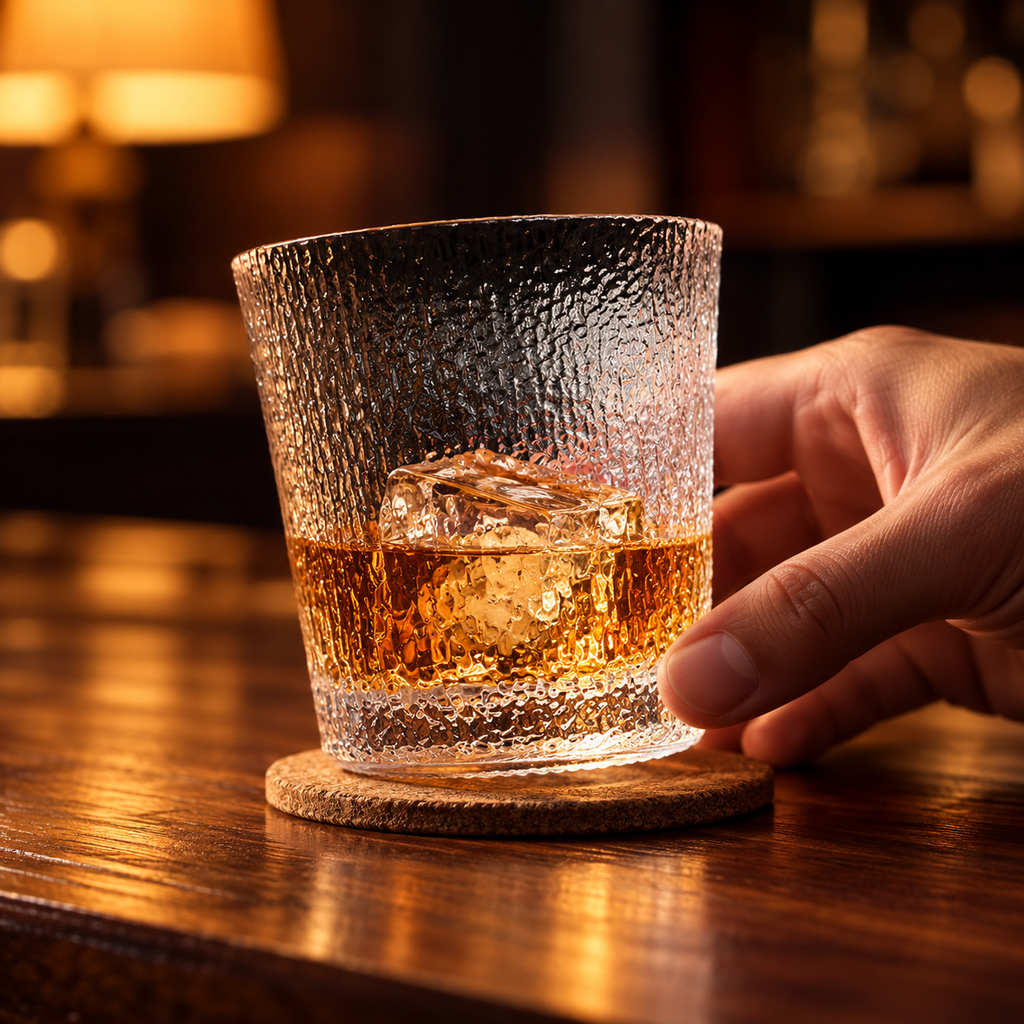Frosty whiskey glass with amber drink and ice