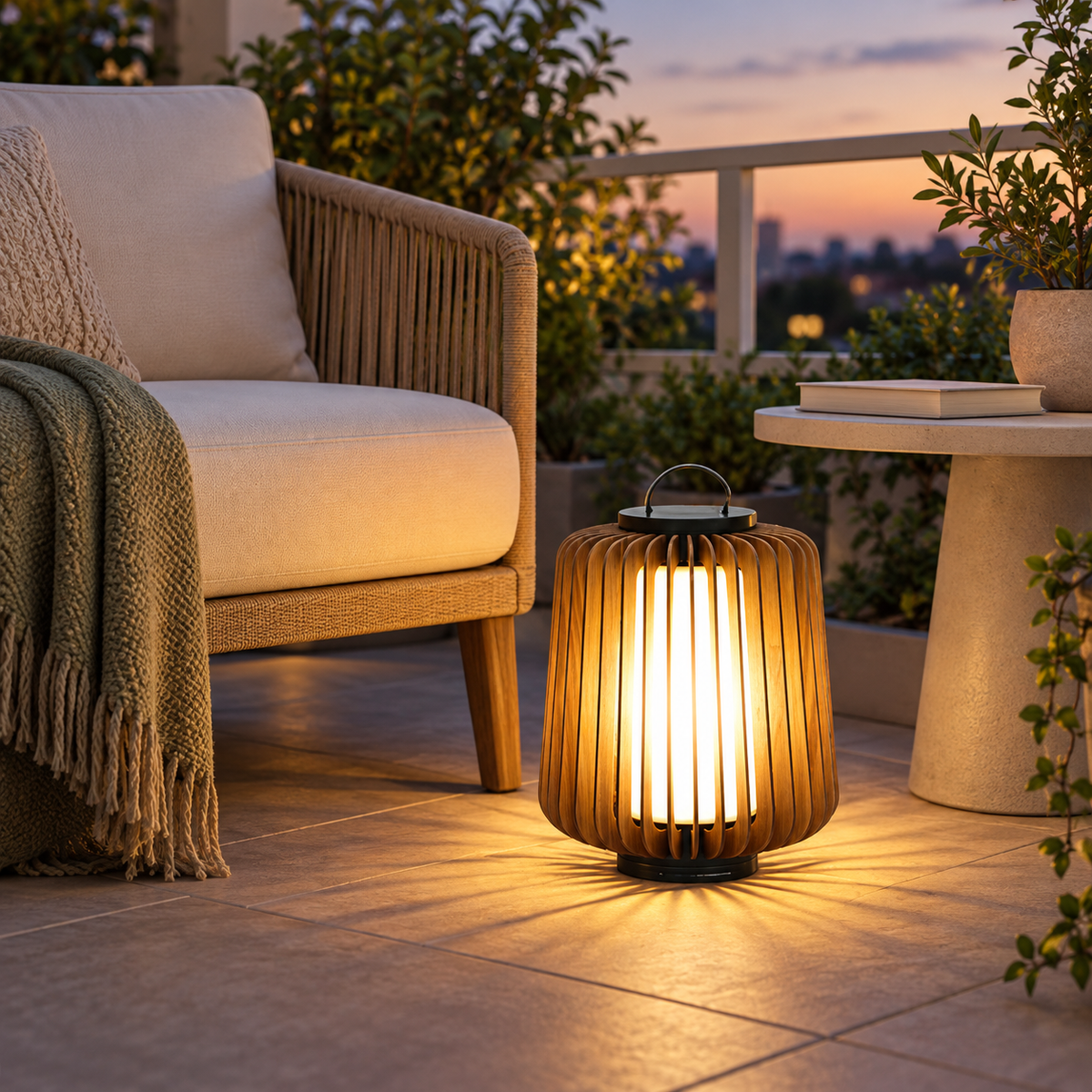 Garden lantern beside a balcony seating area at dusk