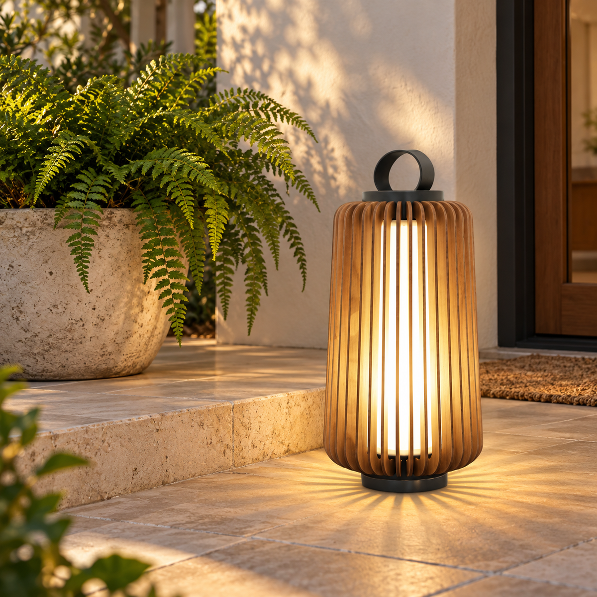 Tall garden lantern beside a sheltered patio entry