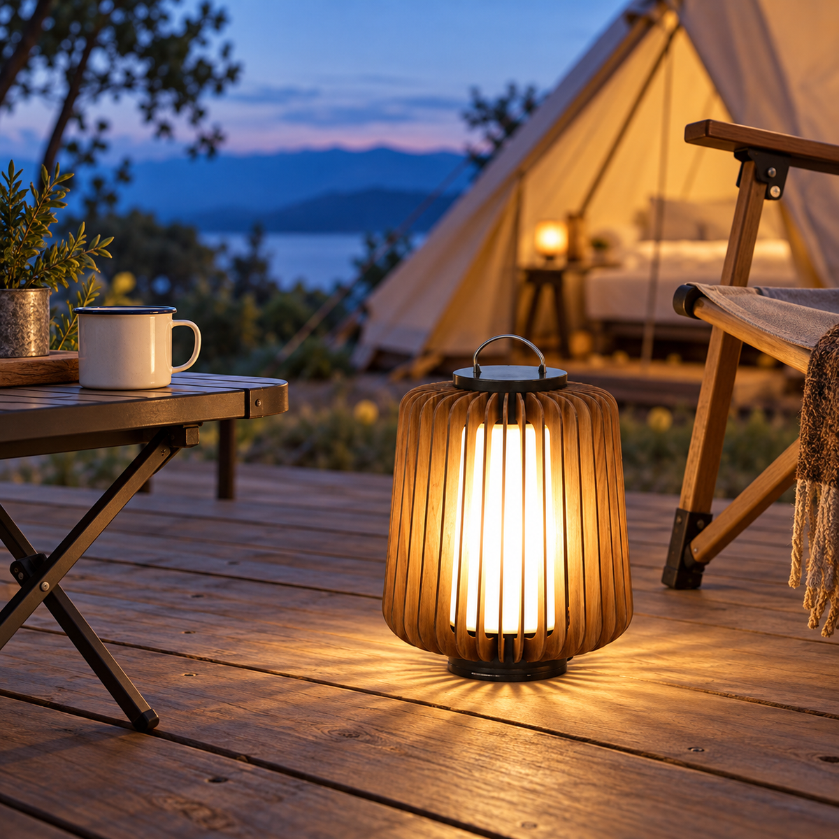 Garden lantern beside outdoor camp seating