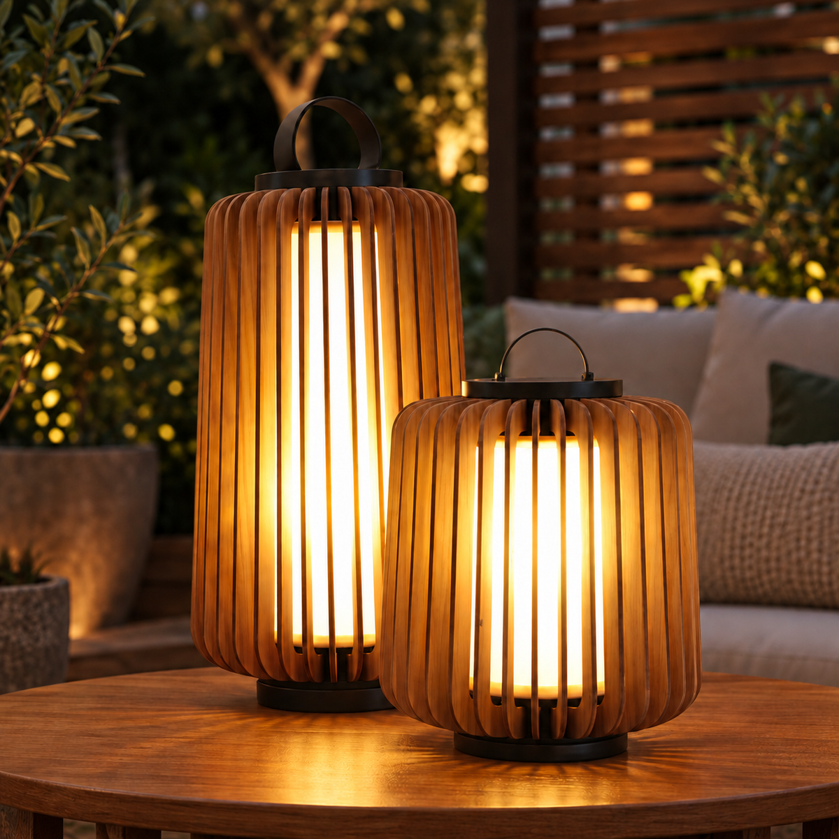 Garden lantern styles shown together on an evening terrace table