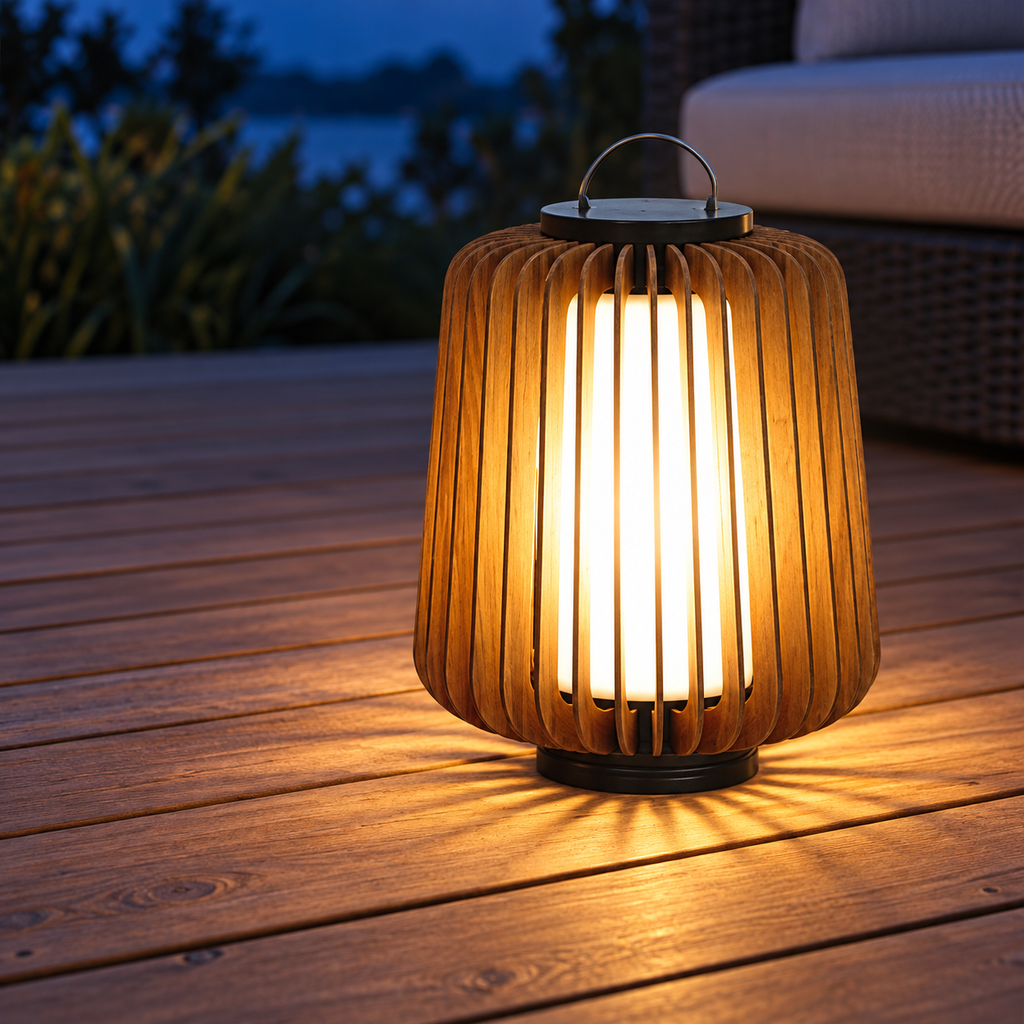 Garden lantern with warm light and ribbed shadows on a wooden deck