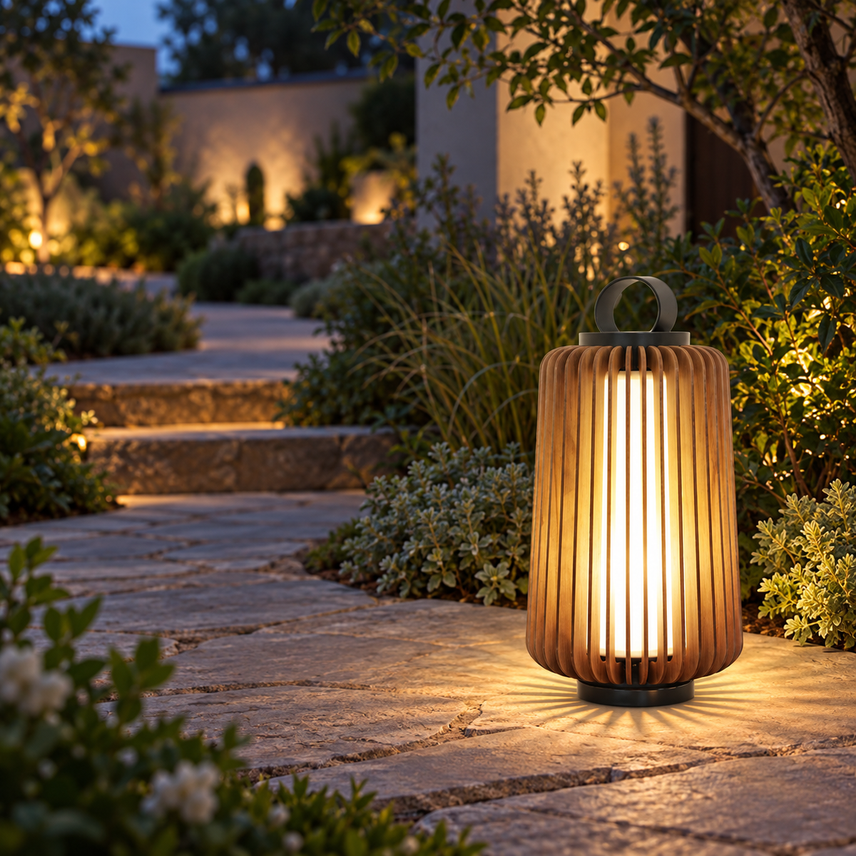 Tall garden lantern beside a garden path at dusk