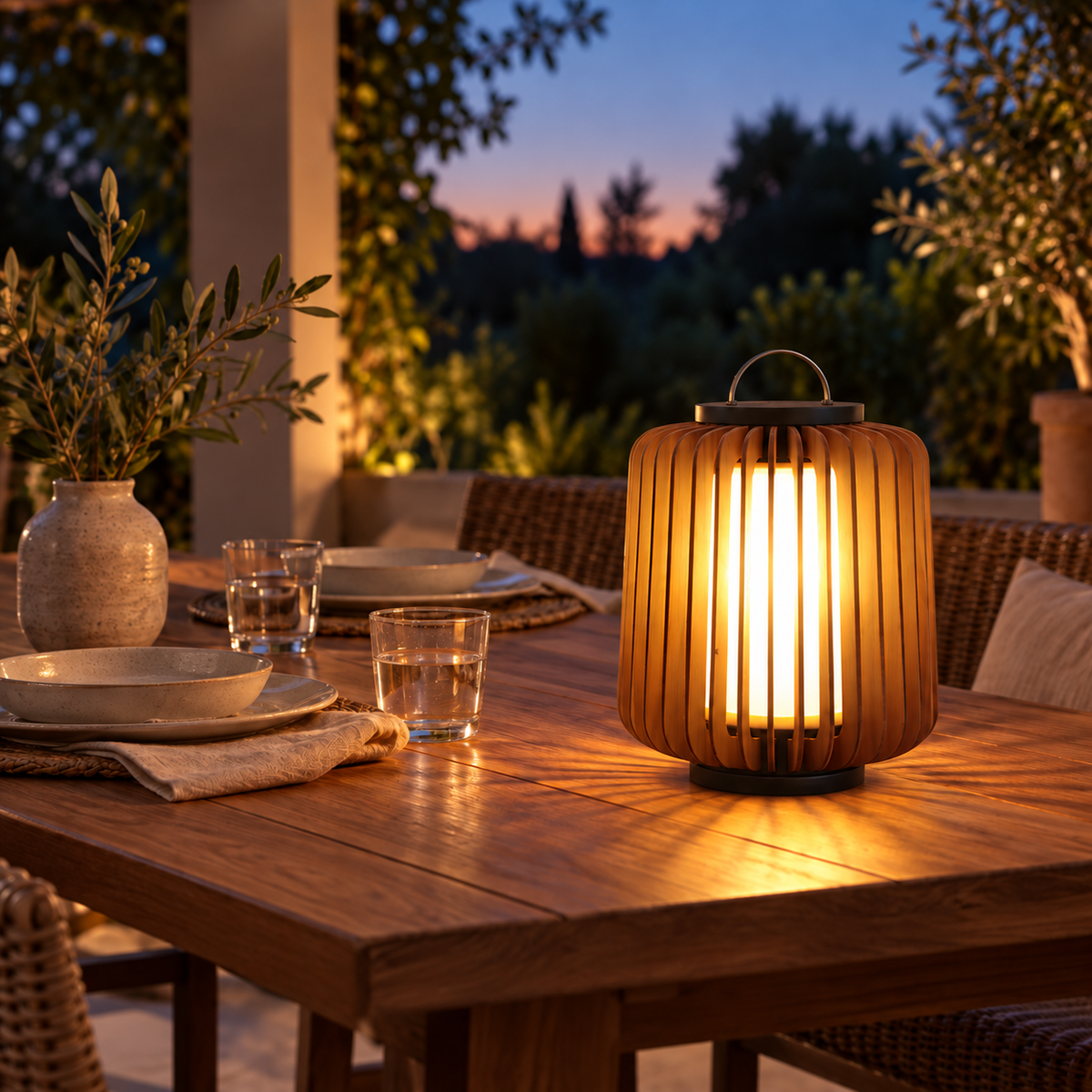 Garden lantern on a covered terrace dining table at twilight
