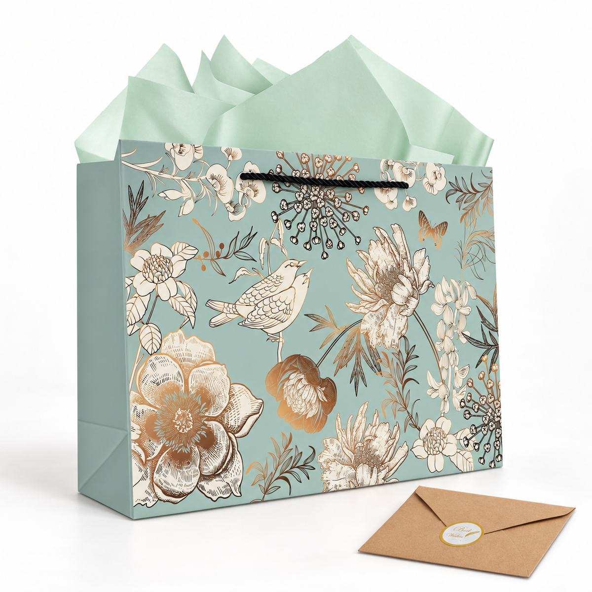 Green floral and bird gift bag with black cord handle and mint tissue – white studio