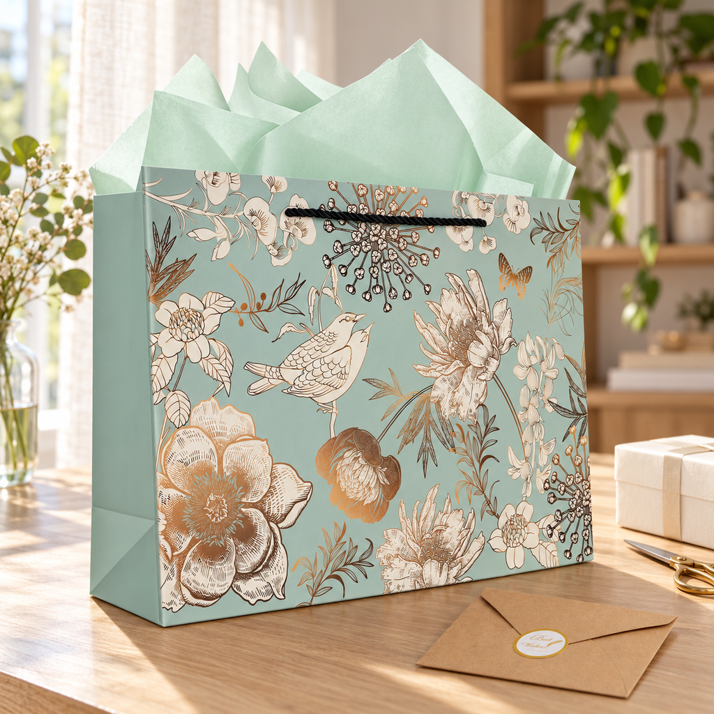 Green floral and bird gift bag with black cord handle and mint tissue – wrapping desk