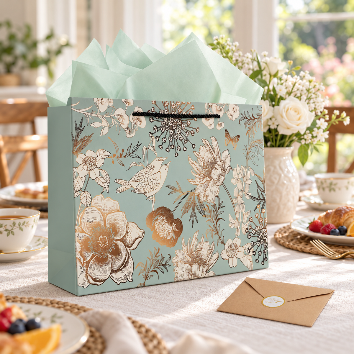 Green floral and bird gift bag with black cord handle and mint tissue – brunch table