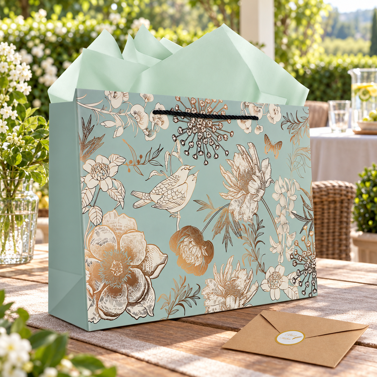 Green floral and bird gift bag with black cord handle and mint tissue – garden gathering
