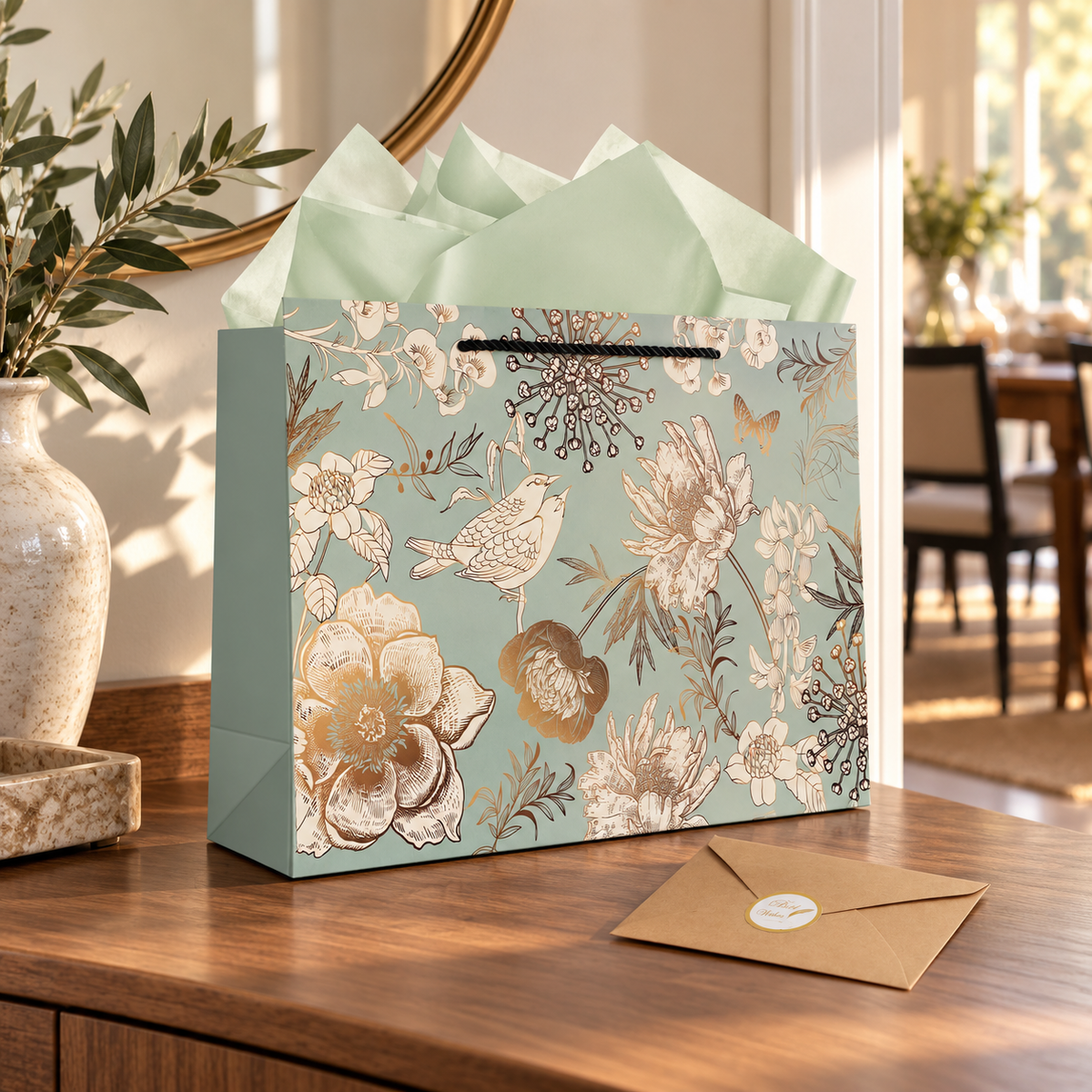 Green floral and bird gift bag with black cord handle and mint tissue – hostess gift