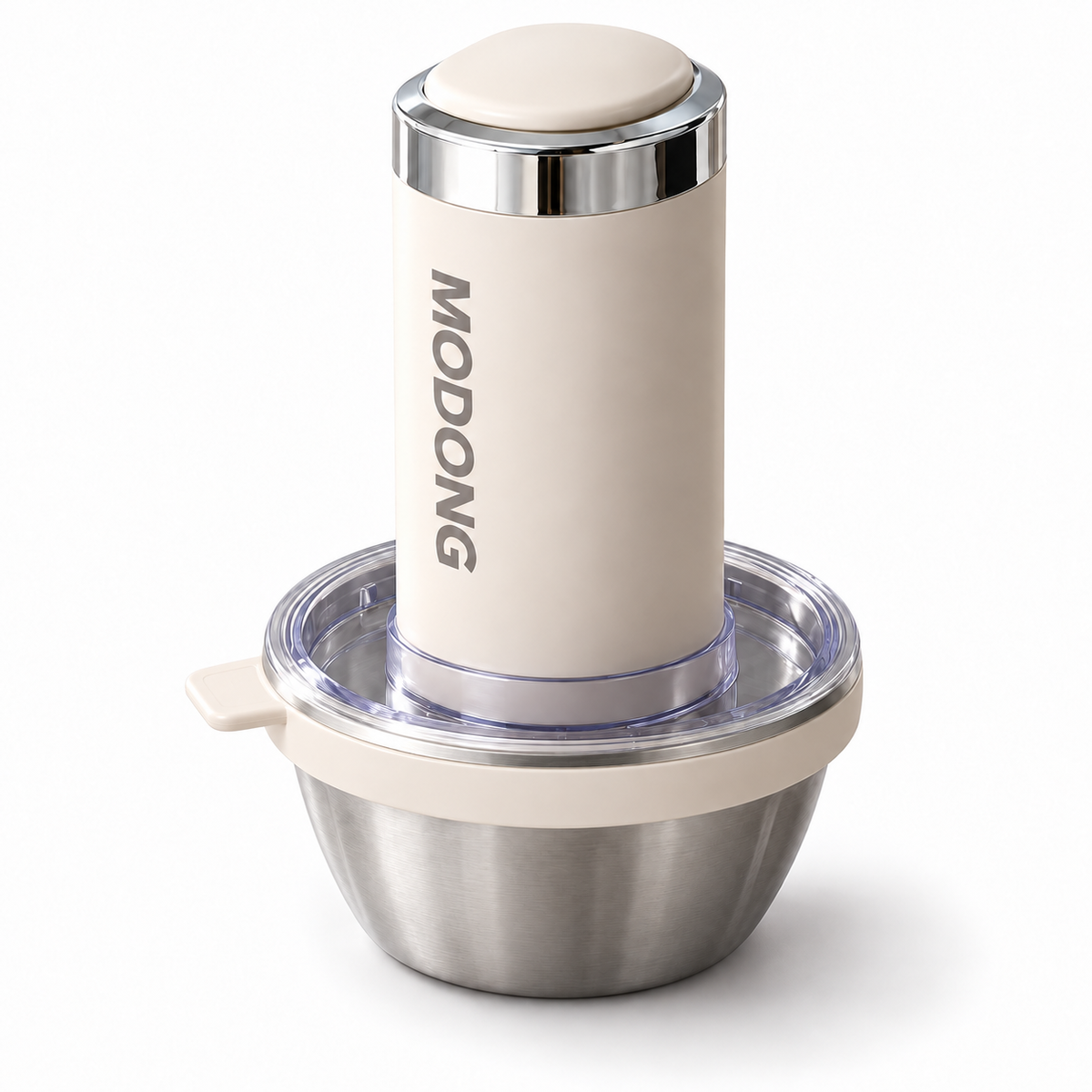 Cream-white electric food grinder with stainless steel bowl on a white background