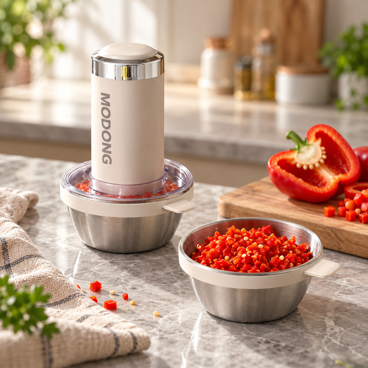 Electric food grinder and chopped red pepper in a bright kitchen