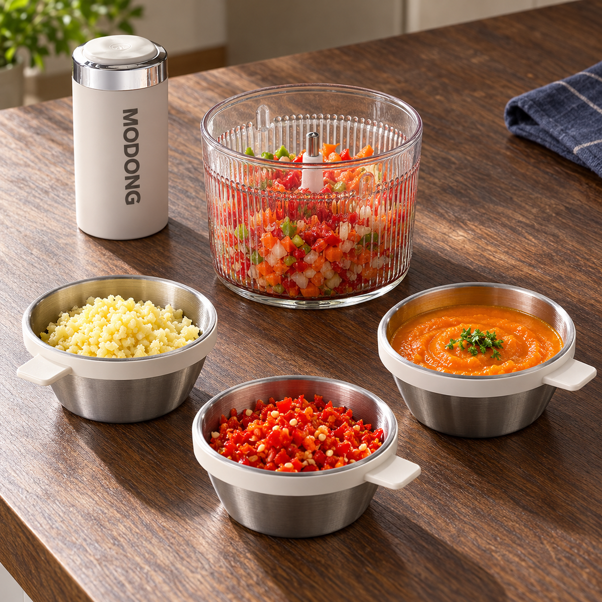 Electric food grinder motor with one glass bowl and three steel prep bowls