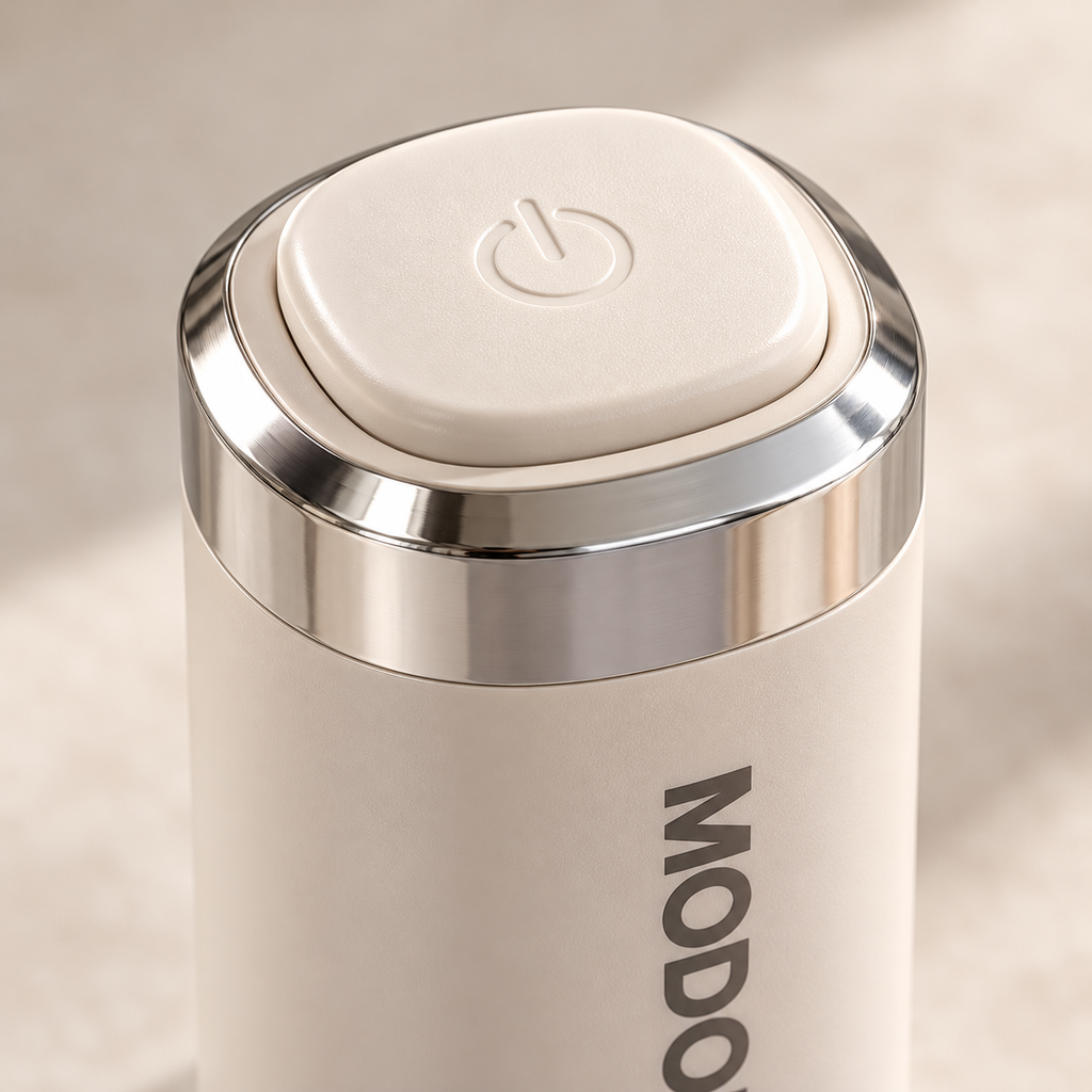 Close-up of electric grinder push-button top and silver collar