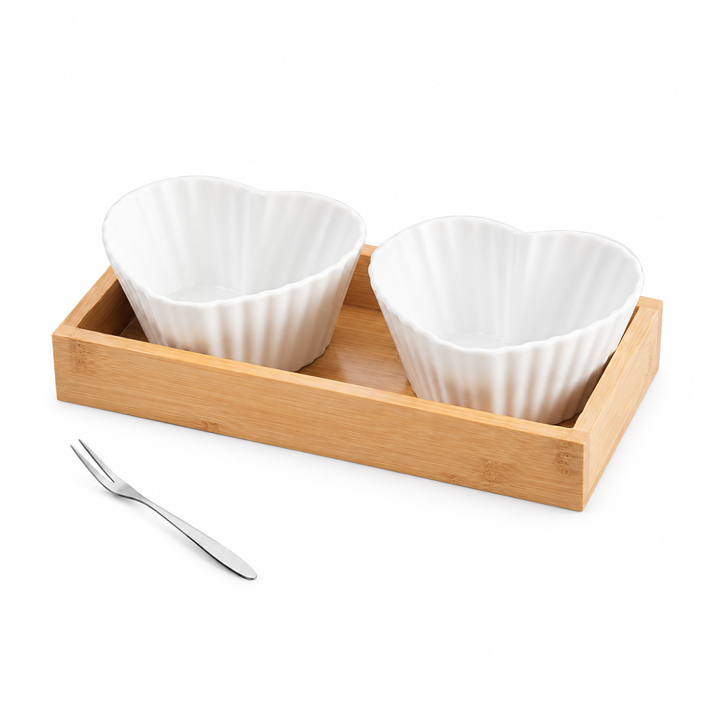 F design: two white fluted heart-shaped bowls in a wooden tray with a small two-prong fork
