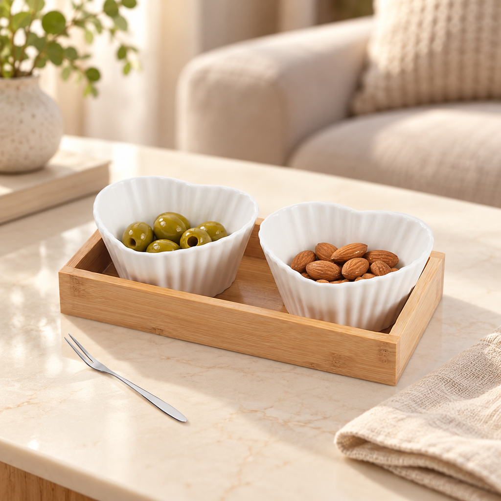 F design heart-shaped bowls styled with olives and almonds; food and background accessories not included