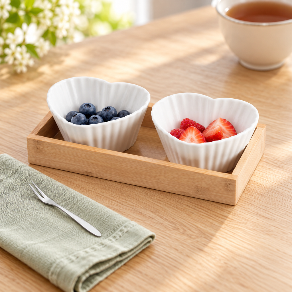 F design heart-shaped bowls styled with berries on a breakfast table; food and background accessories not included