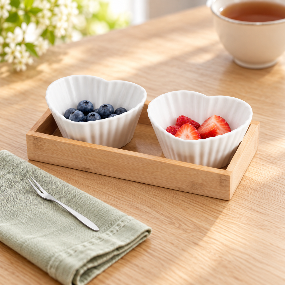 F design heart-shaped bowls styled with berries on a breakfast table; food and background accessories not included