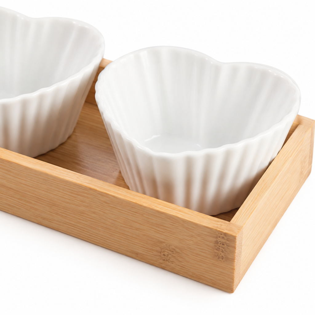 Close-up of a white fluted heart-shaped bowl and the wooden tray corner, F design