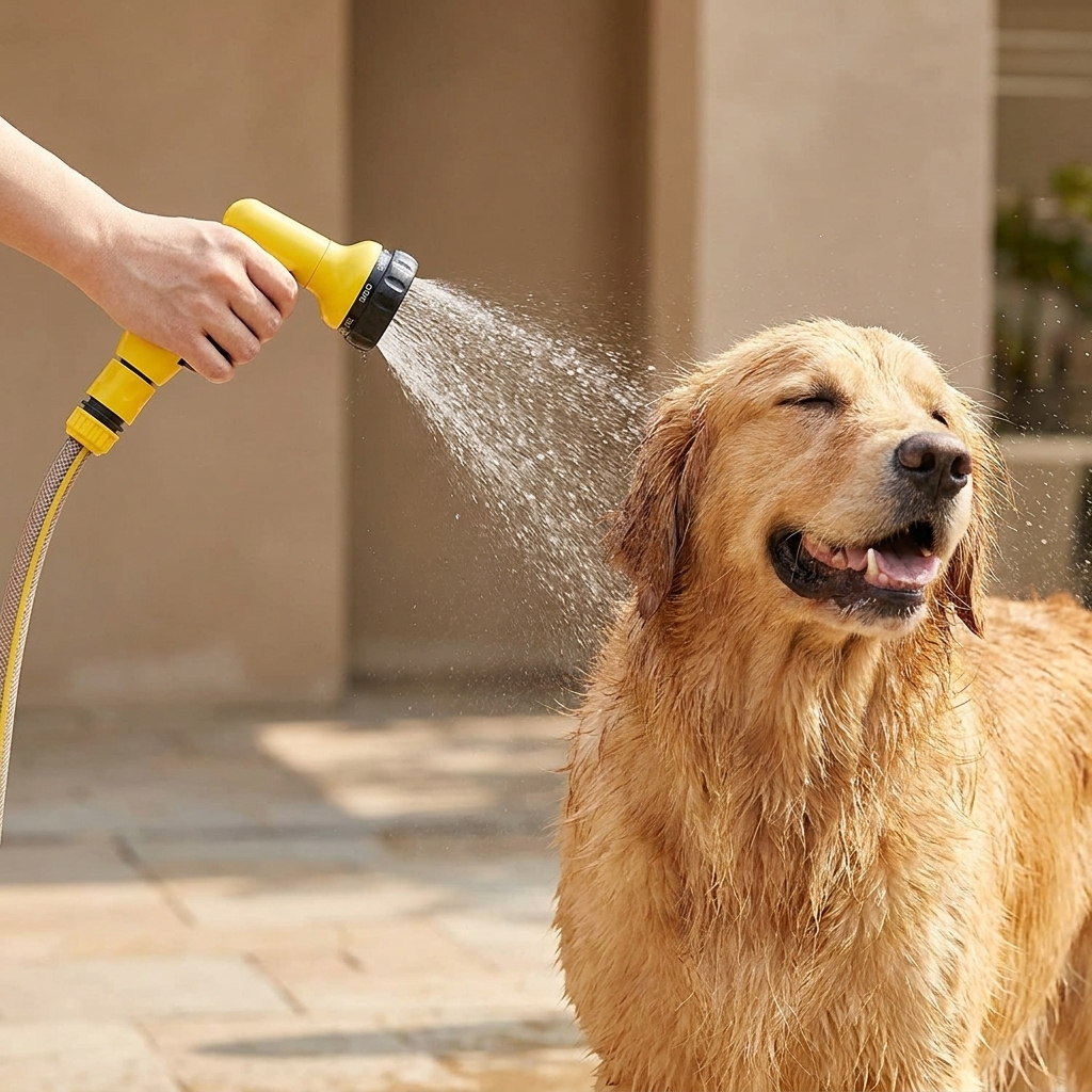 Rinsing a golden retriever outdoors with the pet shower sprayer