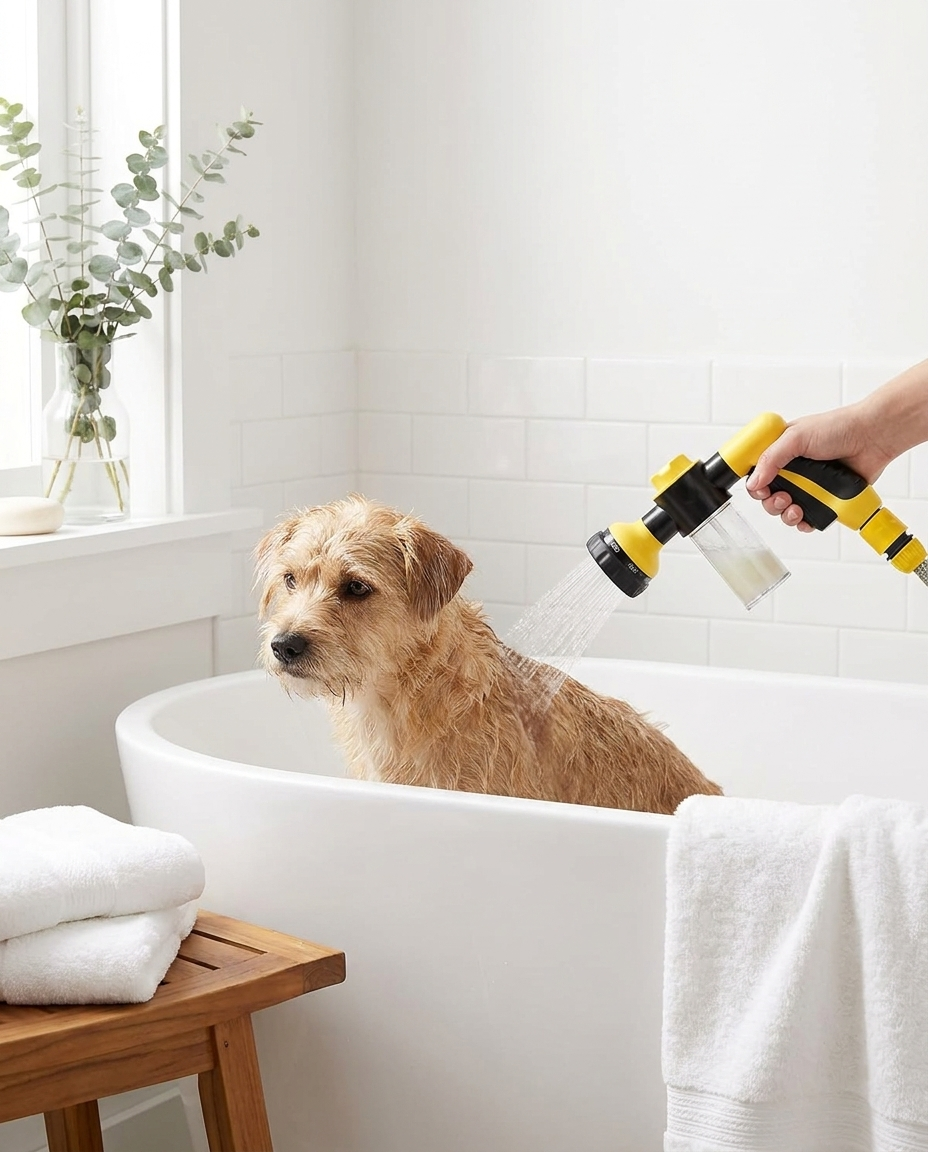 Calm dog bathed in a tub with the pet shower sprayer
