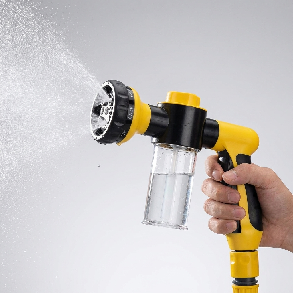 Close-up of the pet shower sprayer nozzle and built-in soap dispenser