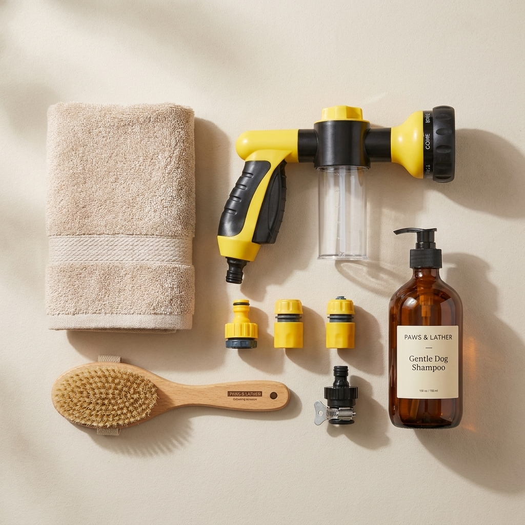 Pet shower sprayer flat lay with towel, grooming brush and shampoo
