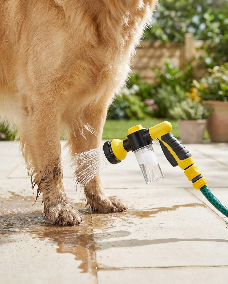 Pet shower sprayer on a garden hose rinsing muddy dog paws
