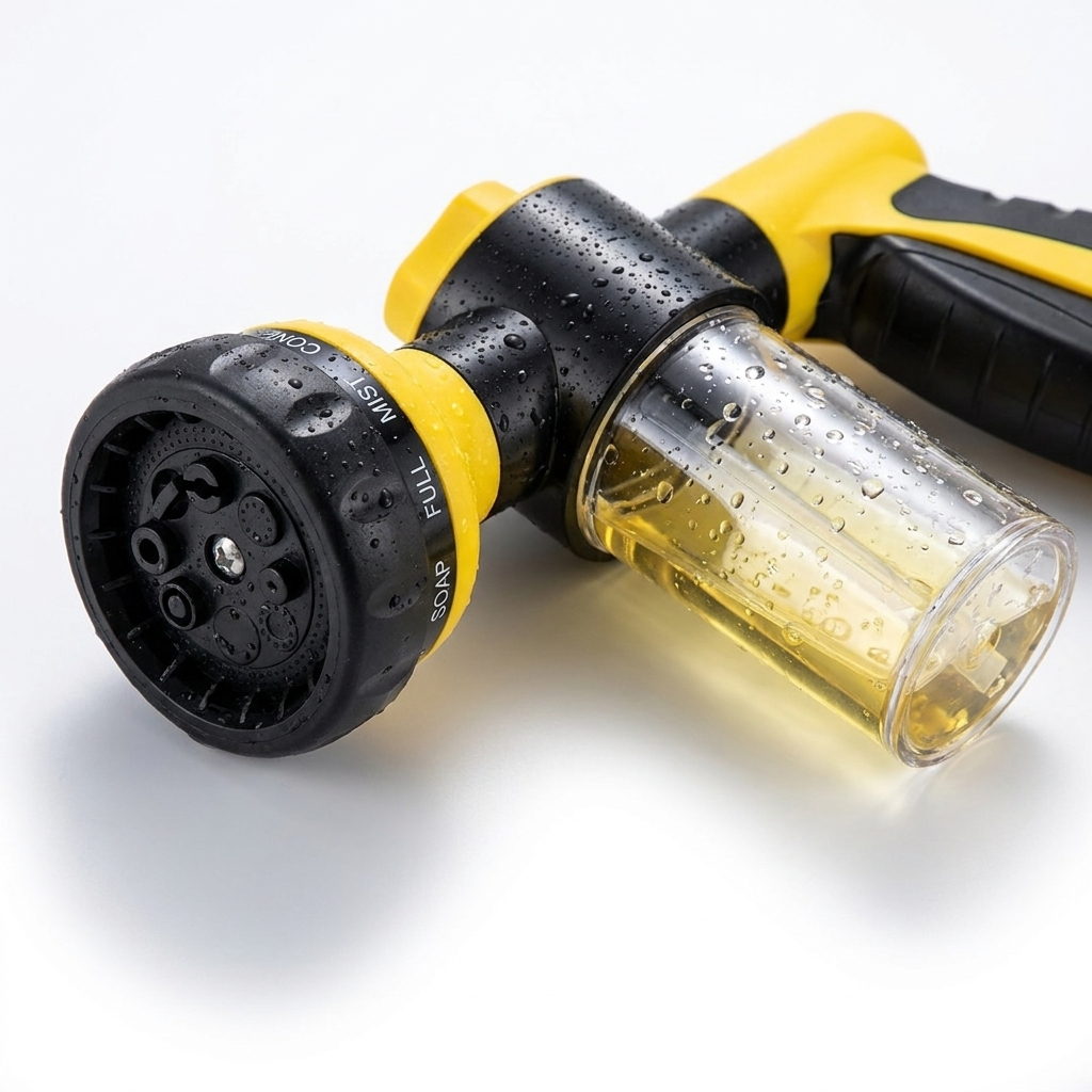 Macro of the pet shower sprayer spray-mode dial and soap compartment
